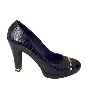 Tory Burch Purple Round Toe Snake Embossed Pump Heel Gold Studs Platform 9.5 M